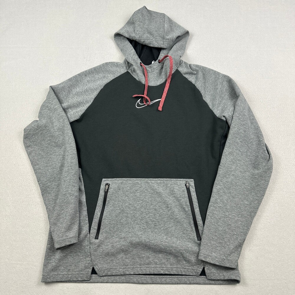 Nike Hoodie Men Large Black Gray Center Swoosh Therma Sweatshirt Zip Pockets L